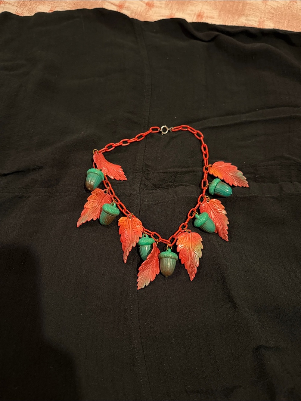 Vintage Celluloid Red Leaf and Green Acorn Charm Necklace - Women Jewelry